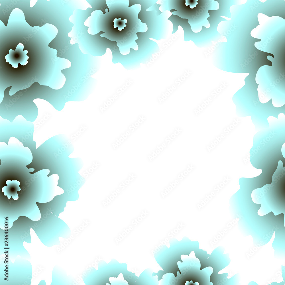 Fototapeta premium Vector seamless pattern frame hand drawn gradient turquoise flowers on white background for card, cover page, web, carton, typographic print, banner, menu, poster, carte, affiche, handbill, sticker.