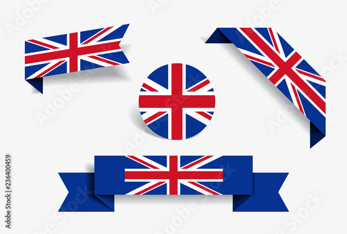 Great Britain flag stickers and labels. Vector illustration.