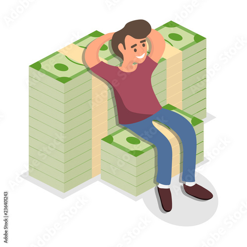 A man is sitting on a pack with money. A successful man is resting sitting on the money. Vector illustration of a successful man.