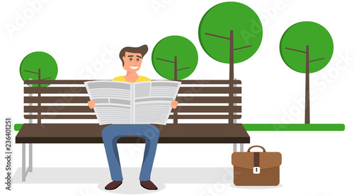 A man reading a newspaper on a bench in the park. A man sits on a bench and reads a newspaper. Vector illustration of a man with a newspaper.