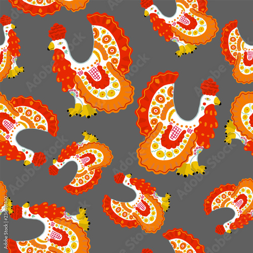 Beautiful seamless pattern with cock in Russian Dymkovo style. Vector illustration. photo