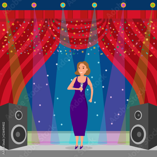 The singer sings on stage. A woman sings a song on stage. Vector illustration.