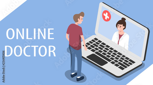 Doctor online. The concept of online medicine. Images of people in isometry. Flat isometric vector illustration isolated on blue background.