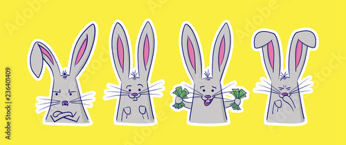 Set of cute rabbits with different emotions. 4 stickers perfect for kid's card, banners, stickers and other. Angry, positive, rich and giggling hare. Isolated vector illustration.