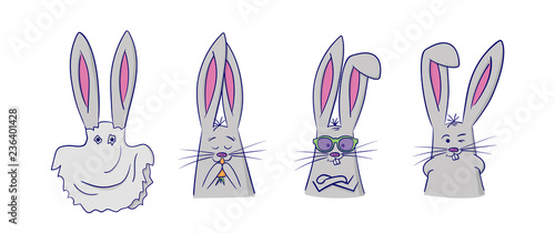 Set of cute rabbits with different emotions. 4 stickers perfect for kid's card, banners, stickers and other. Ghost, with a carrot, cool hipster with glasses, and winks. Isolated vector illustration.