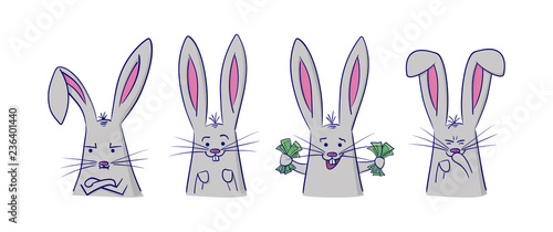 Set of cute rabbits with different emotions. 4 stickers perfect for kid's card, banners, stickers and other. Angry, positive, rich and giggling hare. Isolated vector illustration.