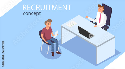 Recruitment. Isometric recruitment concept. Office workers are sitting in isometry. A person is interviewed. Vector isometric illustration of recruitment.