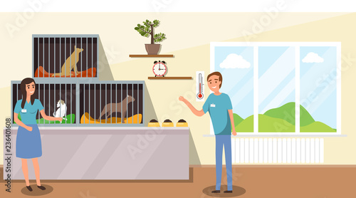Shelter for stray dogs. A man and a woman work in a shelter for homeless animals. Cartoon illustration of an animal shelter.