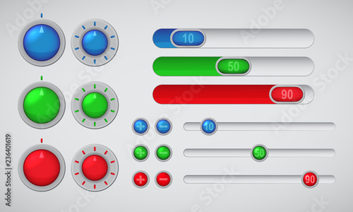 Regulators set Glass knobs Set of switches Digital switch icon Digital controller Slider control Vector
