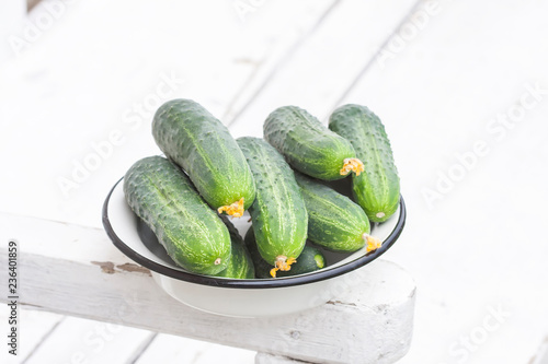 Fresh cucumbers on wooden background.