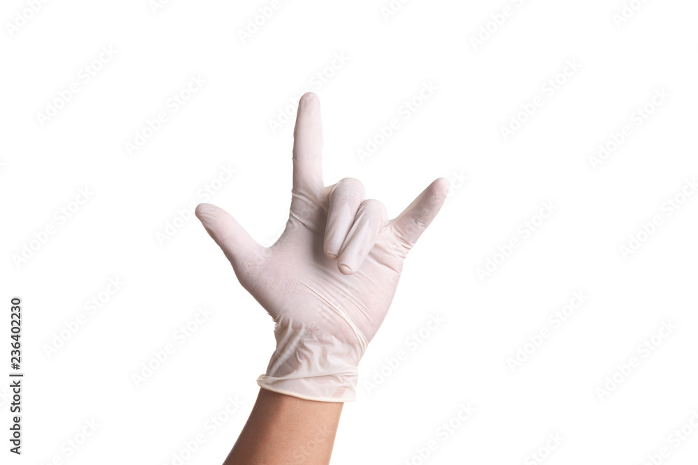 Doctor hand in white latex sterile gloves isolated on white Doctor hand in white latex sterile gloves isolated on white