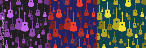 Seamless pattern. Vector music pattern with guitars. Abstract textured background design. Music symbols. Classic guitar. Classical musical instrument. Dreadnought.