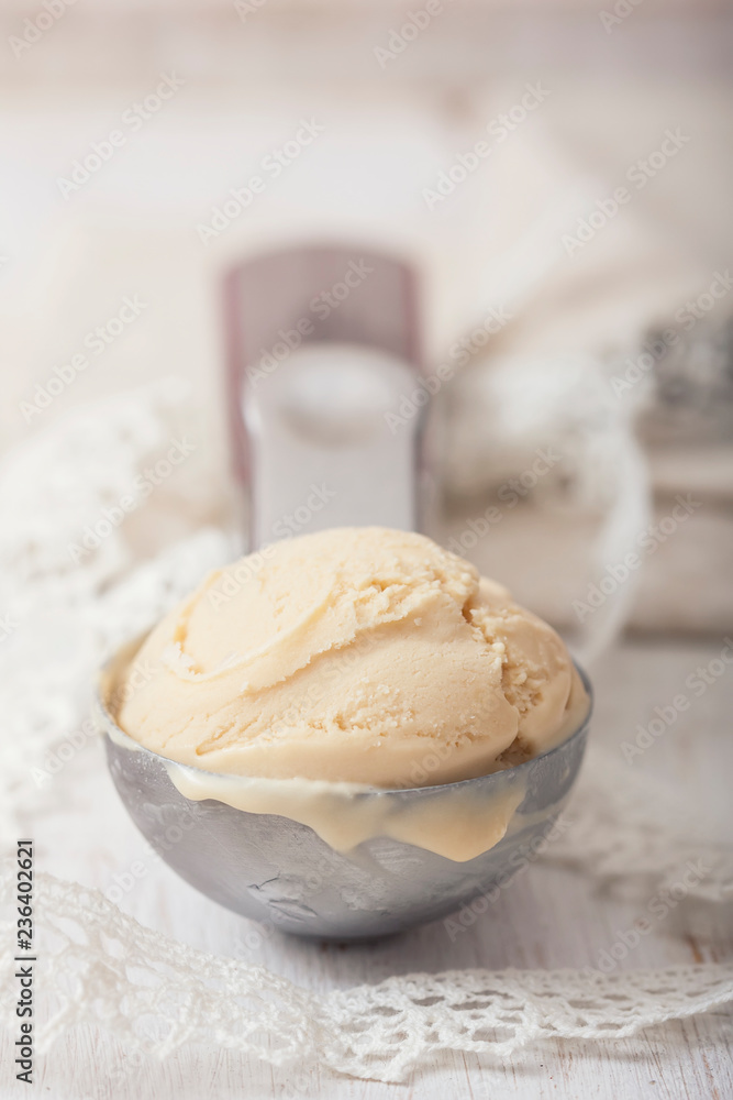 Homemade creamy ice cream in metal scoop. Homemade creamy ice cream in metal scoop.