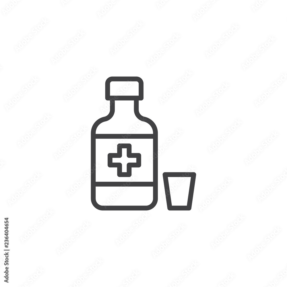 Medical syrup bottle outline icon. linear style sign for mobile concept and web design. Medicine and measuring cup simple line vector icon. Cough remedy symbol, logo illustration. Pixel perfect vector Medical syrup bottle outline icon. linear style sign for mobile concept and web design. Medicine and measuring cup simple line vector icon. Cough remedy symbol, logo illustration. Pixel perfect vector