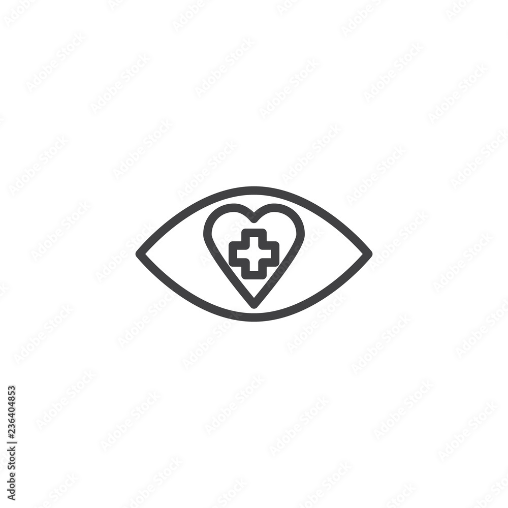 Medicine eye with heart and cross outline icon. linear style sign for mobile concept and web design. Human eye health care simple line vector icon. Symbol, logo illustration. Pixel perfect vector Medicine eye with heart and cross outline icon. linear style sign for mobile concept and web design. Human eye health care simple line vector icon. Symbol, logo illustration. Pixel perfect vector