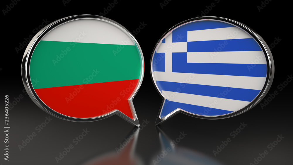 Fototapeta premium Bulgaria and Greece flags with Speech Bubbles. 3D illustration