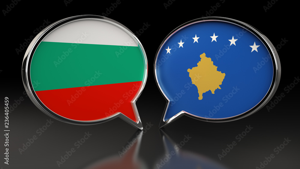 Bulgaria and Kosovo flags with Speech Bubbles. 3D illustration Bulgaria and Kosovo flags with Speech Bubbles. 3D illustration