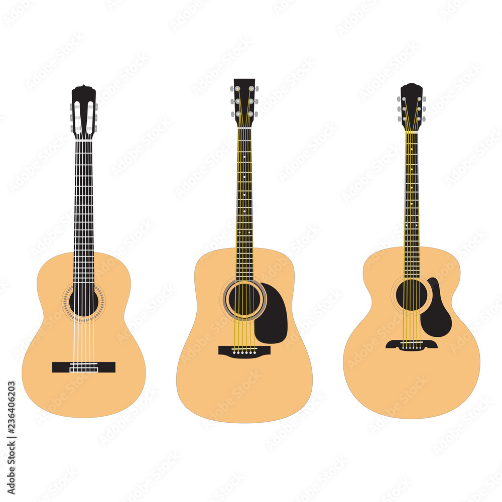 Obraz premium Set of acoustic guitars isolated on white background. Popular types of guitars housing. Orchestra model. Dreadnought. Jumbo.