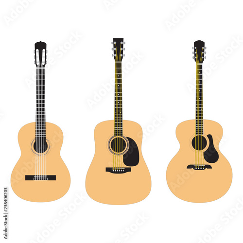 Set of acoustic guitars isolated on white background. Popular types of guitars housing. Orchestra model. Dreadnought. Jumbo.