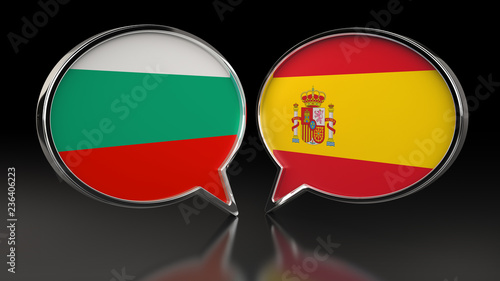 Bulgaria and Spain flags with Speech Bubbles. 3D illustration