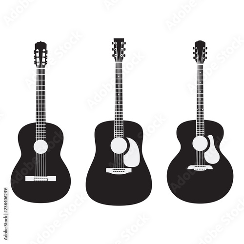Set of black and white acoustic guitars isolated on white background. Popular types of guitars housing. Orchestra model. Dreadnought. Jumbo.