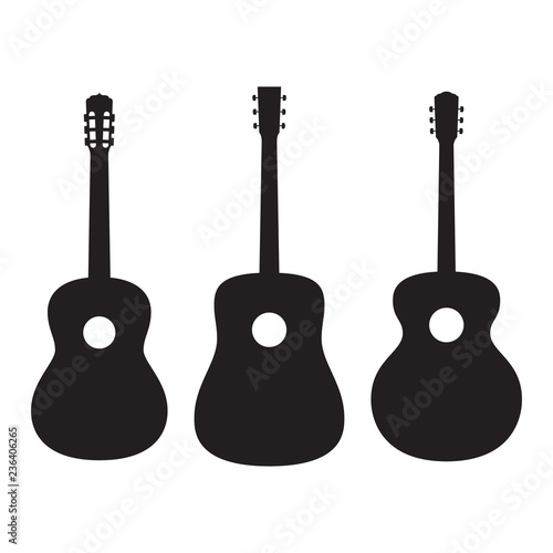 Set of silhouettes acoustic guitars isolated on white background. Popular types of guitars housing. Orchestra model. Dreadnought. Jumbo.