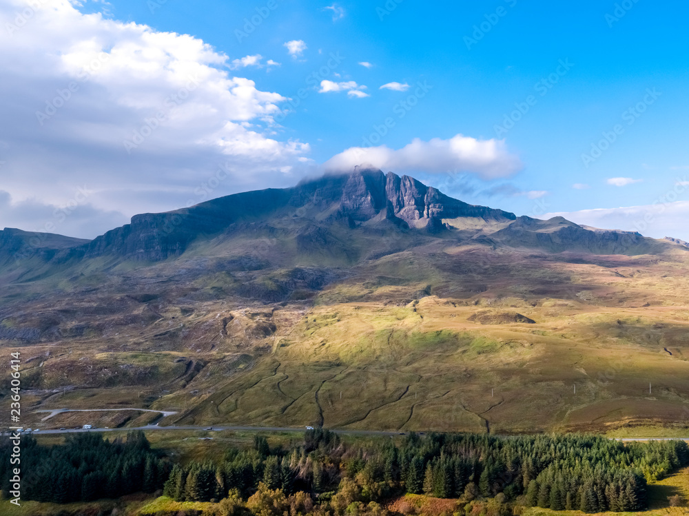 Fototapeta premium Aerial view of the old man of Storr in autumn - Isle of Skye, Scotland