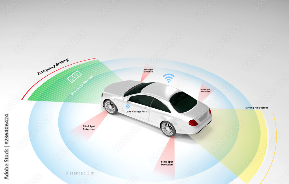 Autonomous selfdriving electric car showing Lidar, Radar Safety