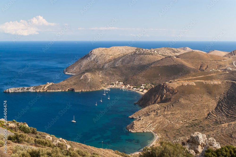 The picturesque bay of Porto Kagio and the  cape Tanaro  where the waters of the Aegean and Ionian seas are collected. Photo taken September 2018, Mani Peninsula, Peloponnese, Greece.