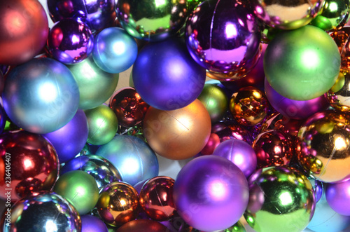 Full frame abstract view of a lot of Christmas baubles in many different colors.