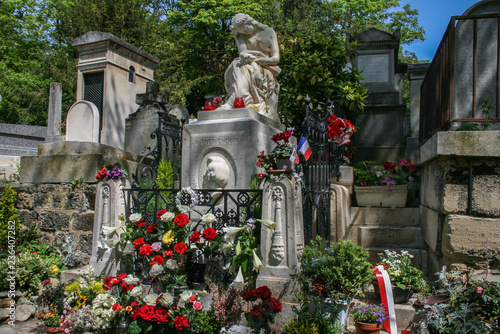 05.04.2008, Paris, France. Colorful flowers on Chopin's grave at Pere Lachaise Cemetery. Travel around Paris. Sightseeing of France.