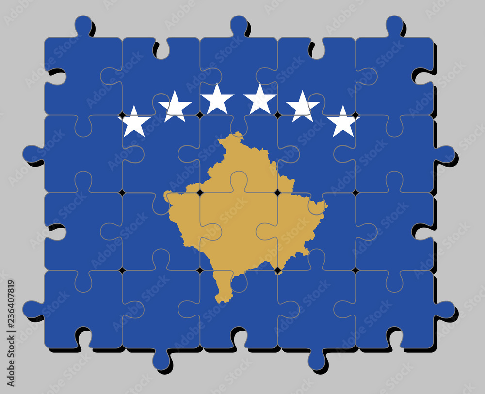 Fototapeta premium Jigsaw puzzle of Kosovo flag in a blue field charged with a map of Kosovo in gold, surmounted by an arc of six white star. Concept of Fulfillment or perfection.