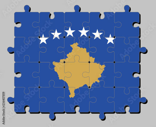 Jigsaw puzzle of Kosovo flag in a blue field charged with a map of Kosovo in gold, surmounted by an arc of six white star. Concept of Fulfillment or perfection.