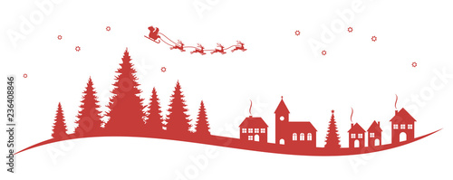 Santa Claus, reindeers, church and conifers