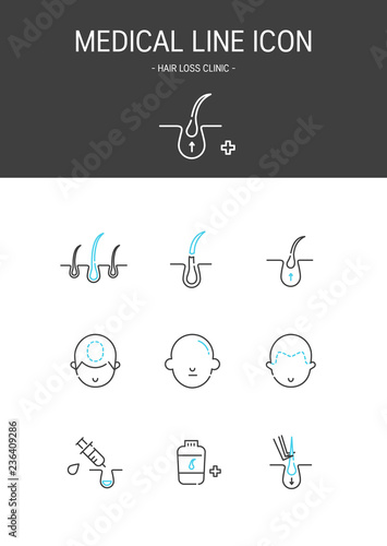 Medical elements outline icons set. Hair loss clinic