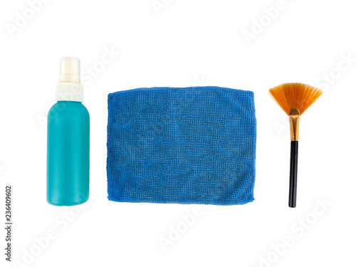 Cleaning set use for camera or computer screen  brush  liquid crystal screen and microfiber isolated on white background