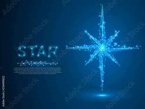 Polar Volumetric star with eight rays. Polygonal space low poly with connecting dots and lines. Star in the sky concept. Connection wireframe structure. Vector on dark blue background
