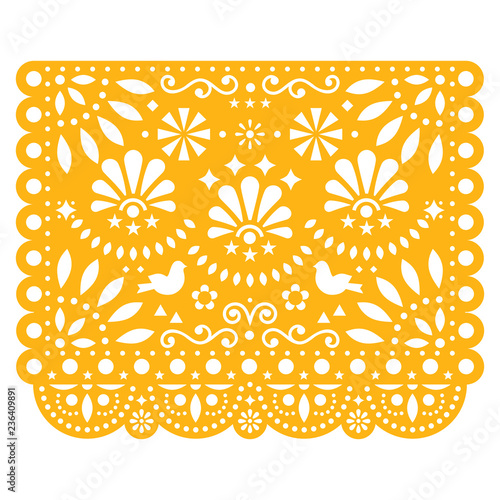 Papel Picado vector floral design with birds, Mexican paper decorations template in yellow, traditional fiesta banner