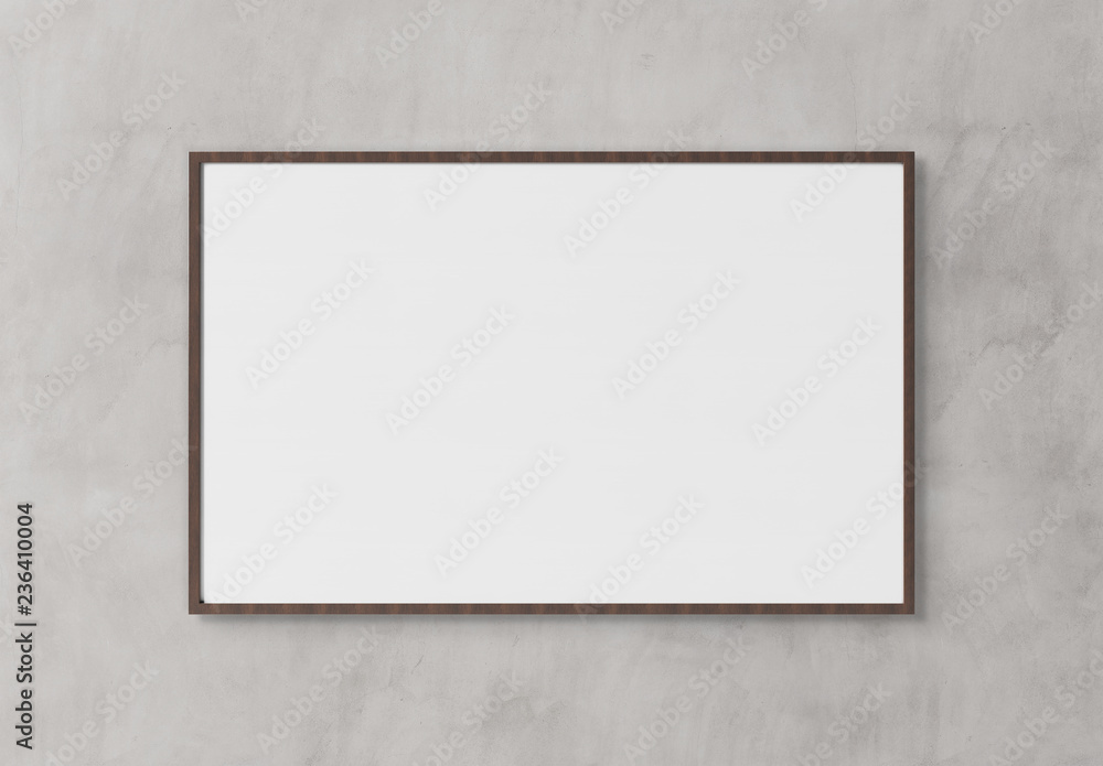 Black rectangular horizontal frame hanging on a white wall mockup 3D rendering - obrazy, fototapety, plakaty 