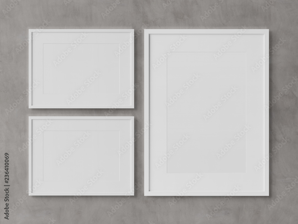 White rectangular frames hanging on a concrete wall mockup 3D rendering ...