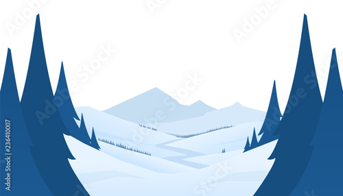 Winter snowy mountains scene with hills and pines in foreground. Flat cartoon landscape