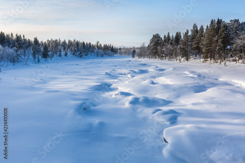 Winter landscape with frozen river in Finland