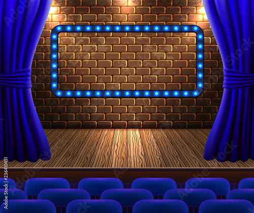 Scene with open curtains and neon signboard against decorative brick vintage wall and wooden floor with light from floodlights