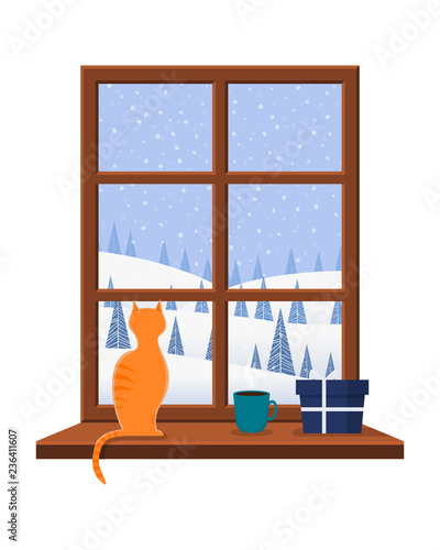 Window overlooking the winter landscape. Vector illustration.  