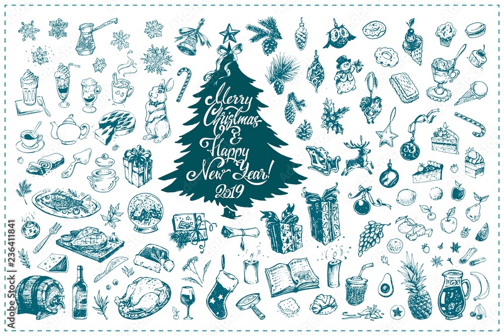 Fototapeta premium Christmas toys hand drawn vector icons set