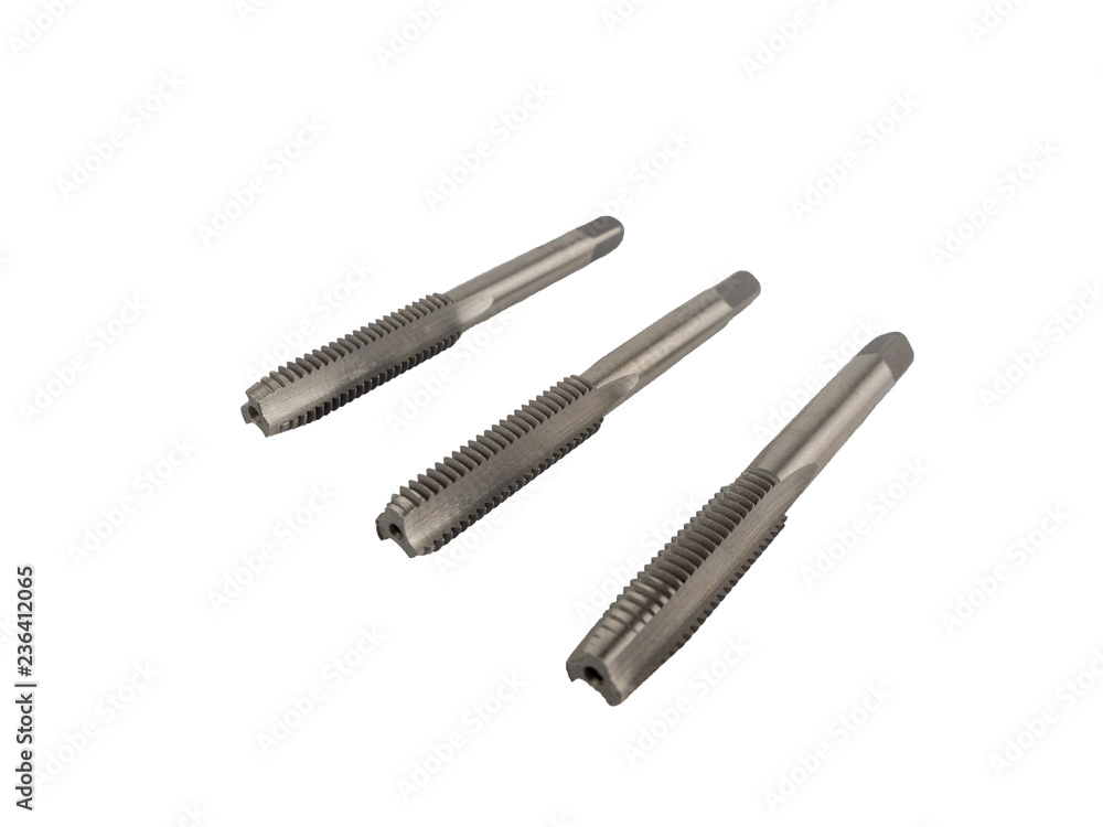 Cutting tools, Threading hand screw tap with different sizes isolated on white background. Cutting tools, Threading hand screw tap with different sizes isolated on white background.