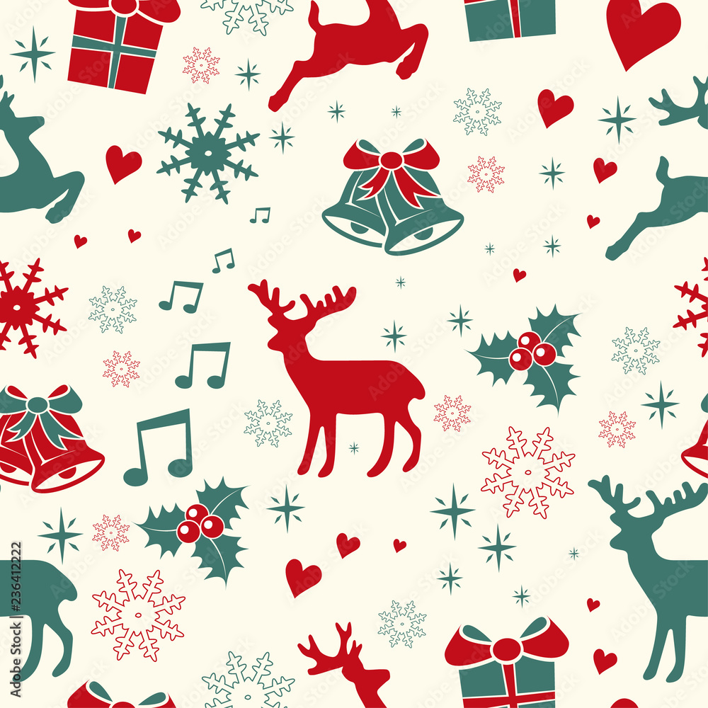Weihnachten Pattern, nahtlos mit Reentier, Glocken und Mistelzweig