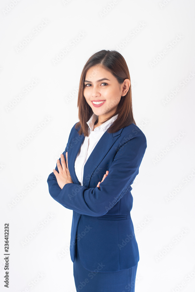 Beautiful Business Woman in blue suit is smiling on white background Beautiful Business Woman in blue suit is smiling on white background