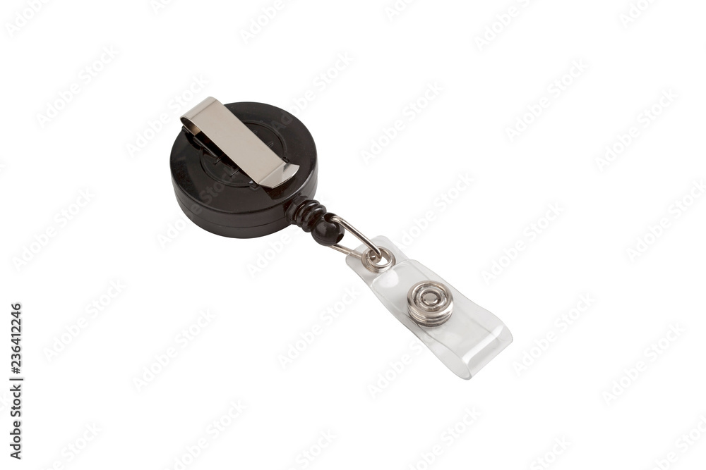 Black plastic badge holder clips, isolated on white with clipping path. Black plastic badge holder clips, isolated on white with clipping path.