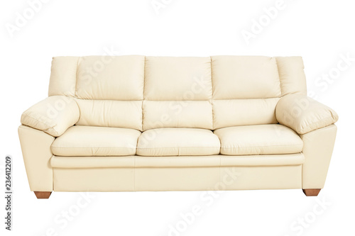 Three seats cozy leather sofa in nice champagne color, isolated on white.